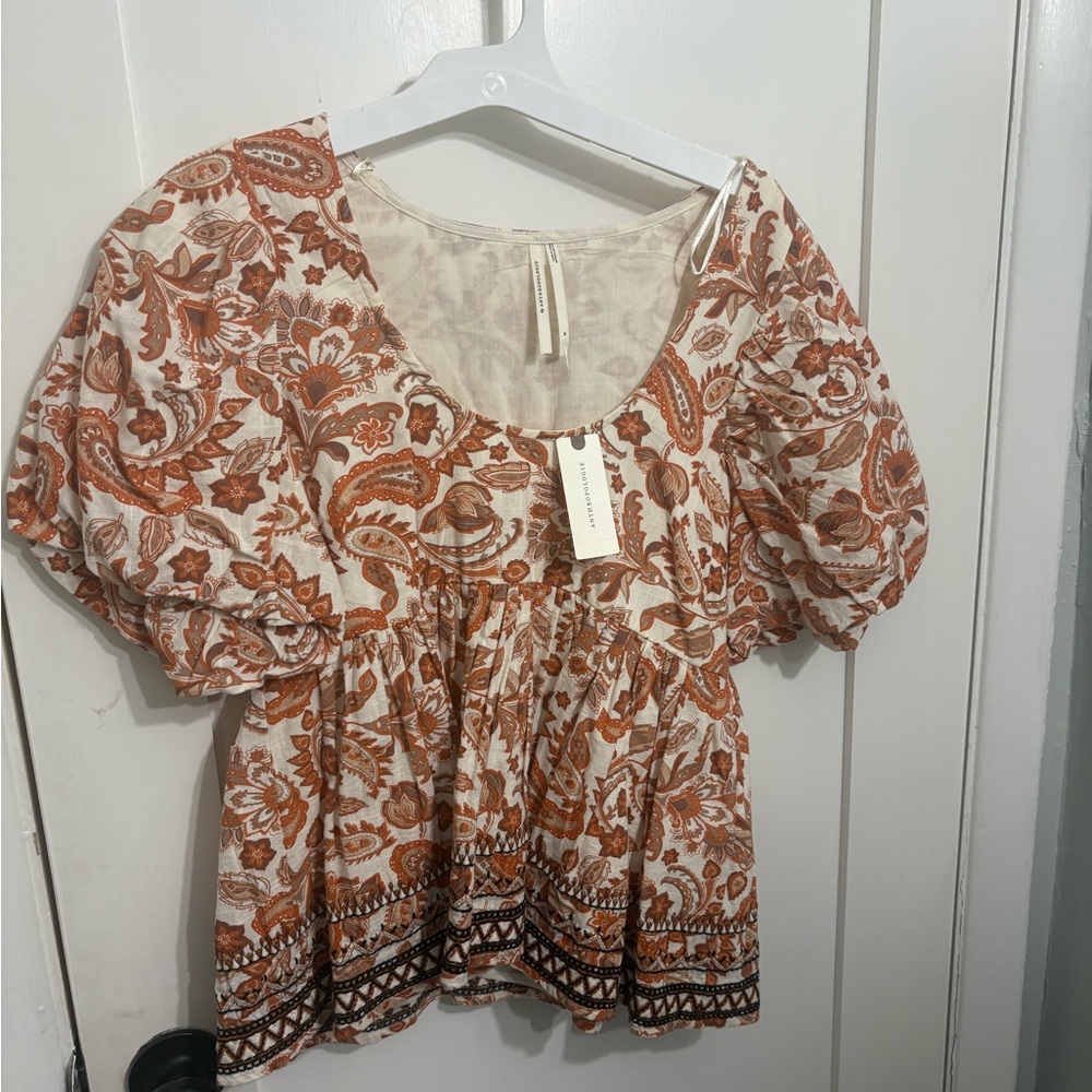 Anthropologie Cream and Rust Paisley Puff-Sleeve Blouse